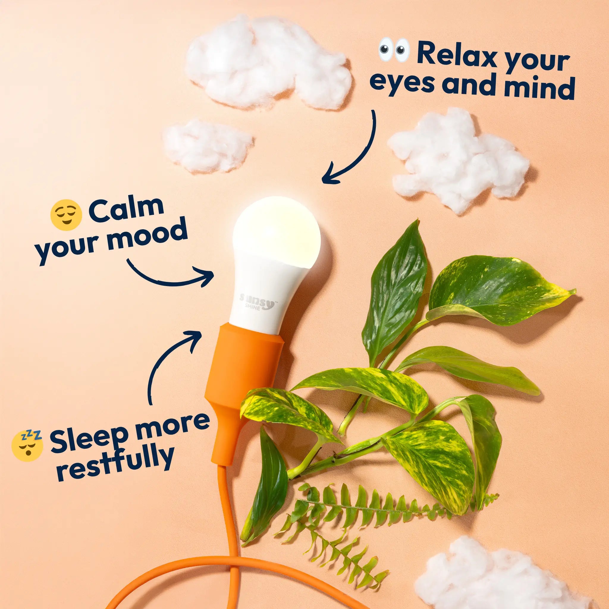 2700k bulb lit up in silicon light socket laying next to plants and white cotton clouds with benefits written out next to it