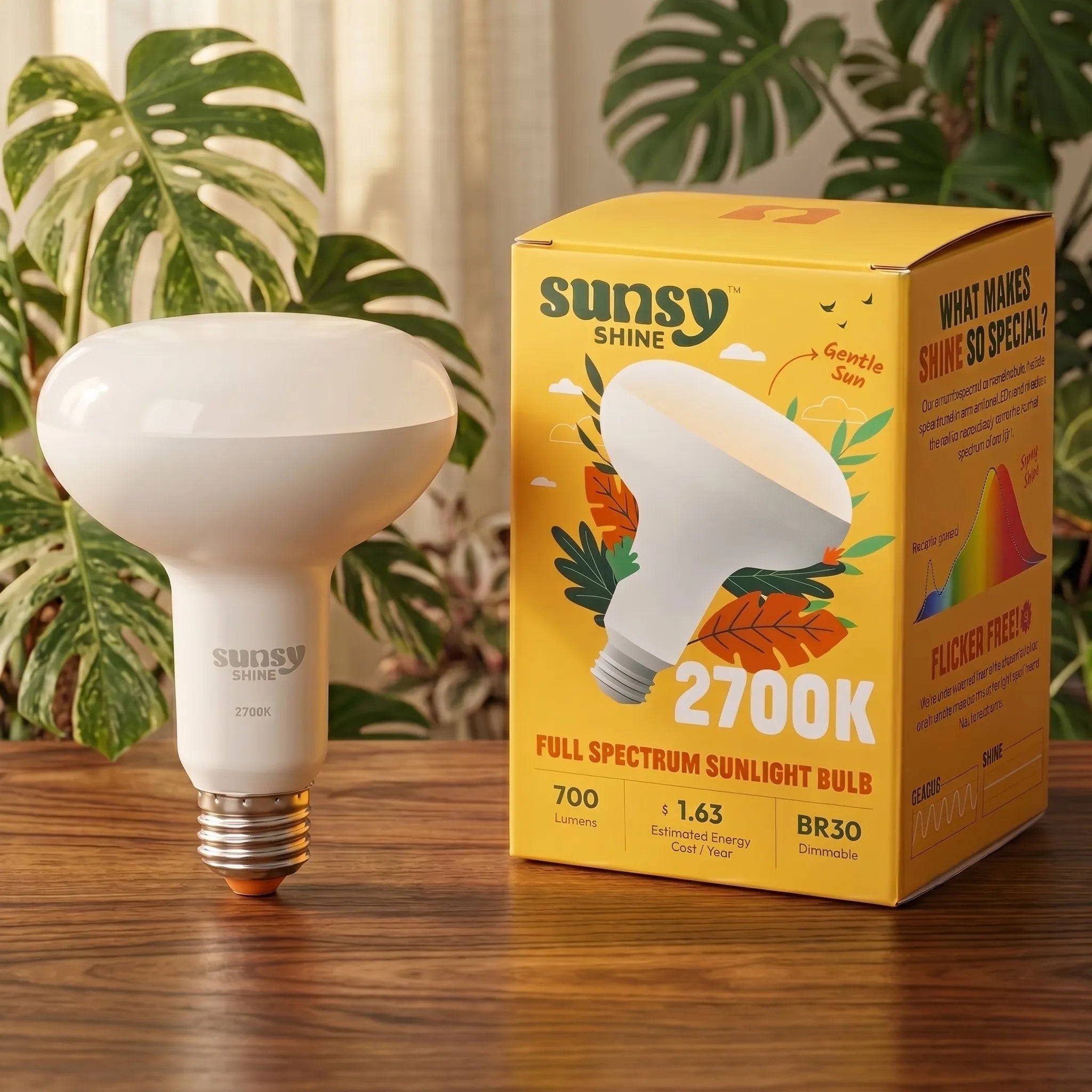 Sunsy Shine light bulb and packaging on a wooden surface with plants in the background#color-temperature_2700k