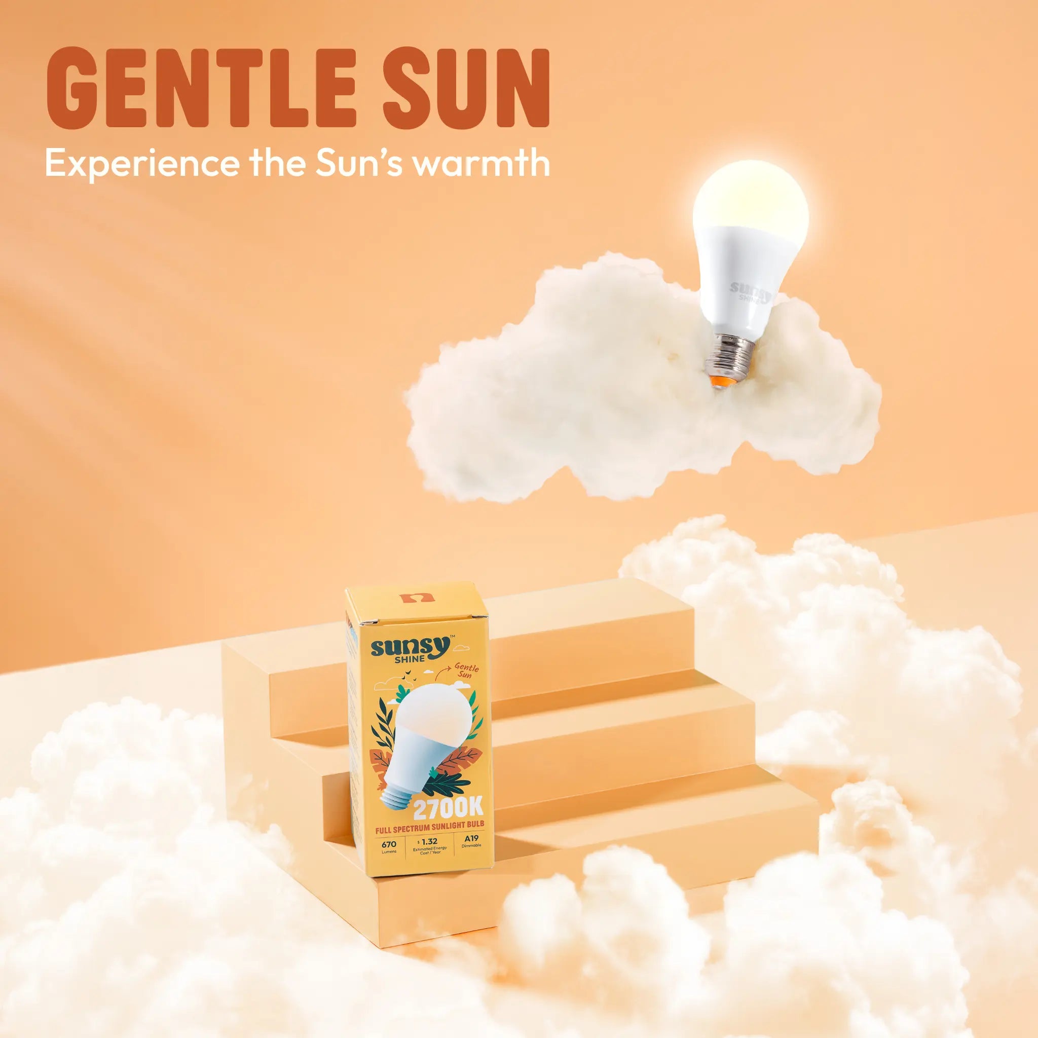2700k light bulb box sitting on orange steps surrounded by clouds while the bulb is sitting on a cloud above it