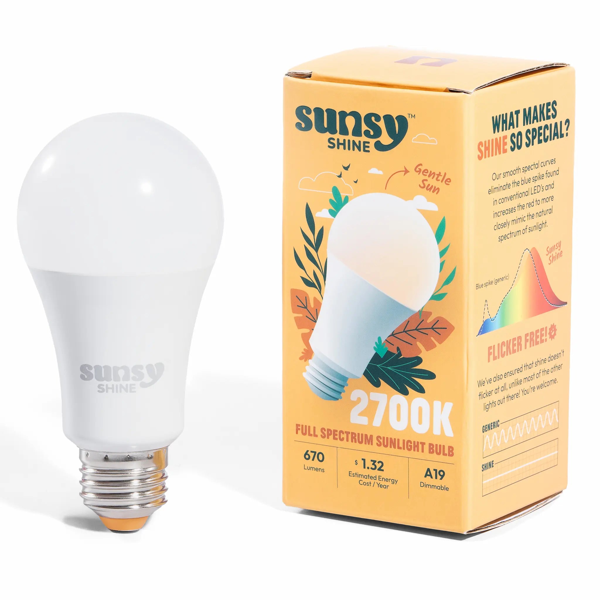 2700k light bulb sitting upright next to its box on a white background