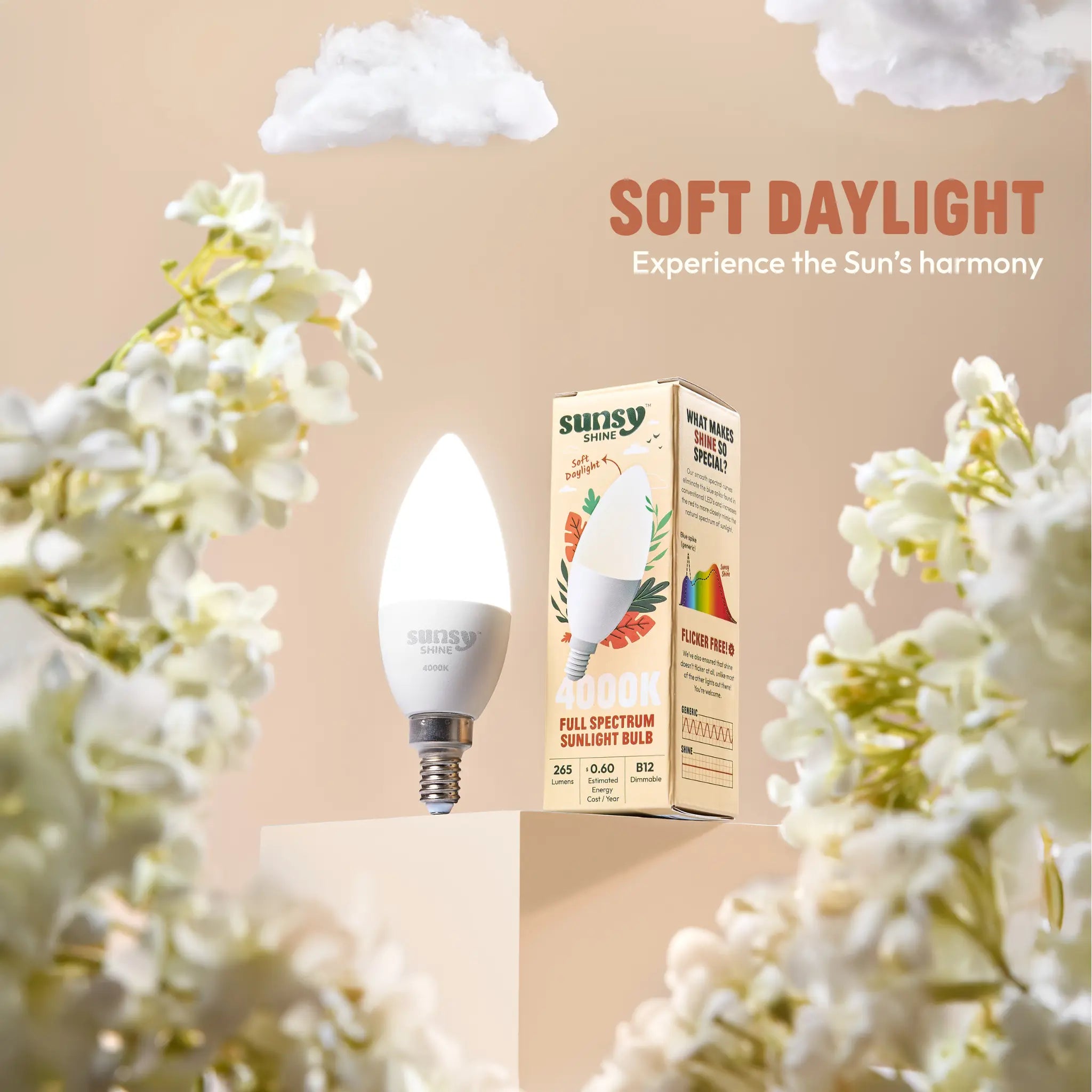 sunsy LED light bulb with cloud illustrations and motivational text on a beige background