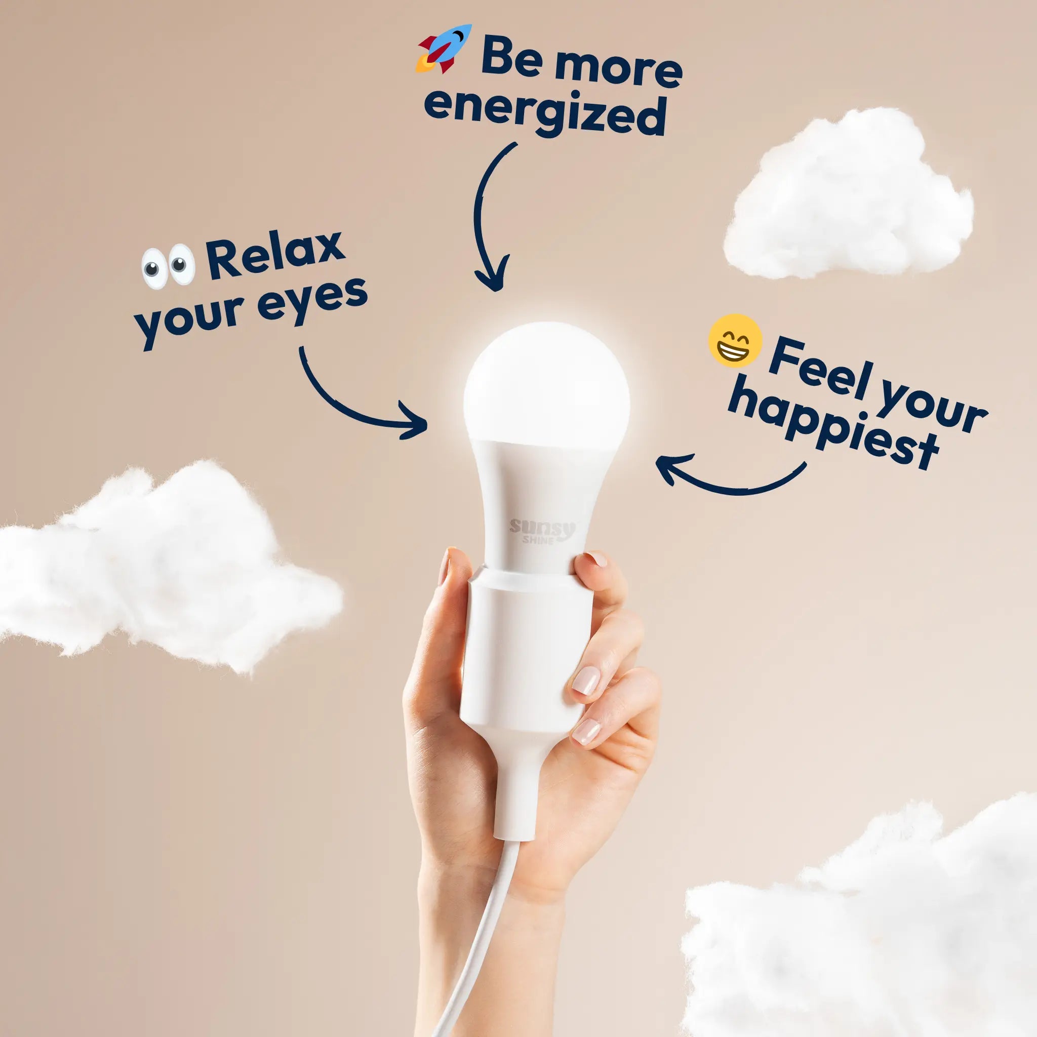 4000k bulb lit up in silicon light socket being held by someones hand and arm with benefits written out next to it