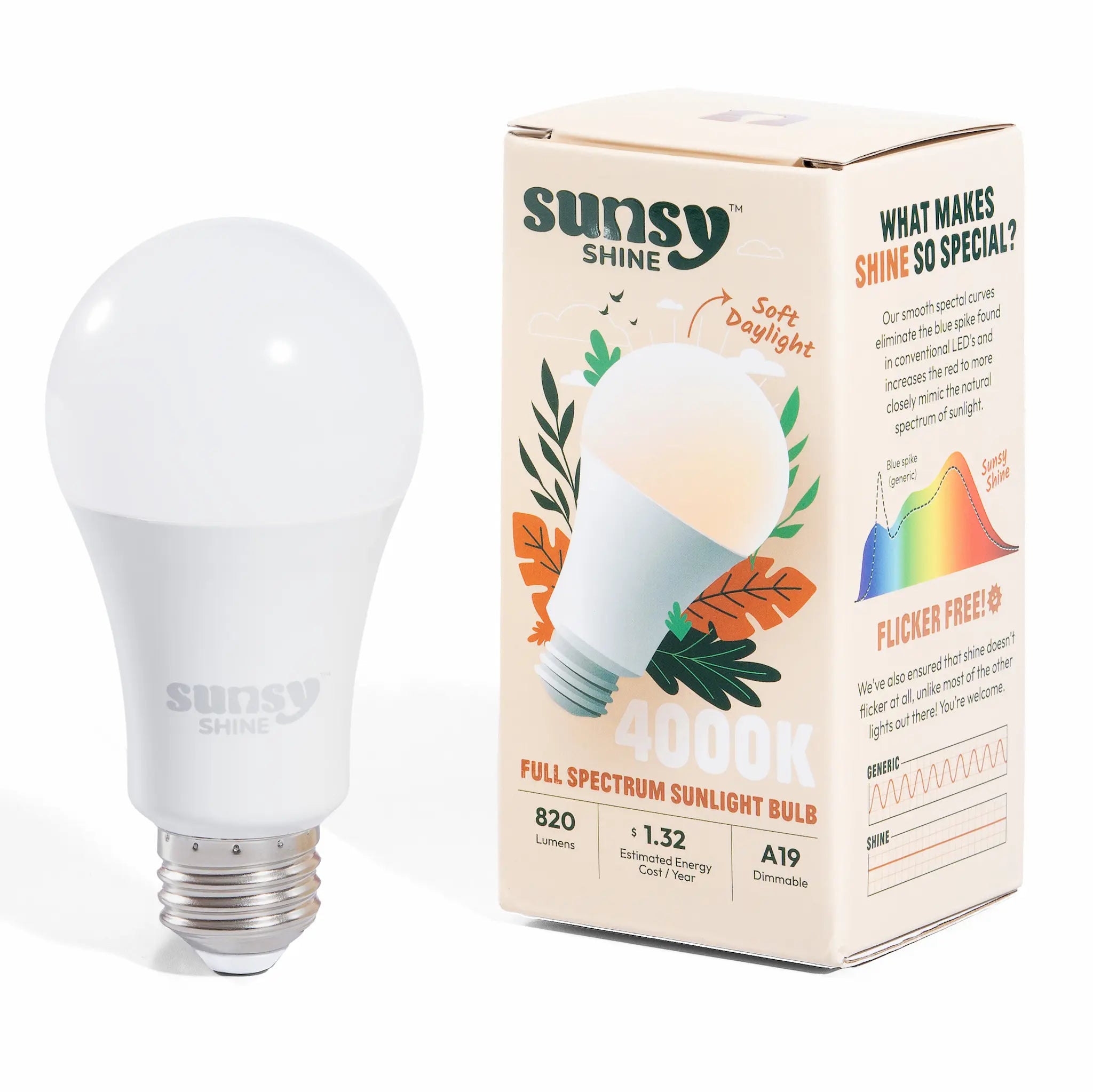 4000k light bulb sitting upright next to its box on a white background