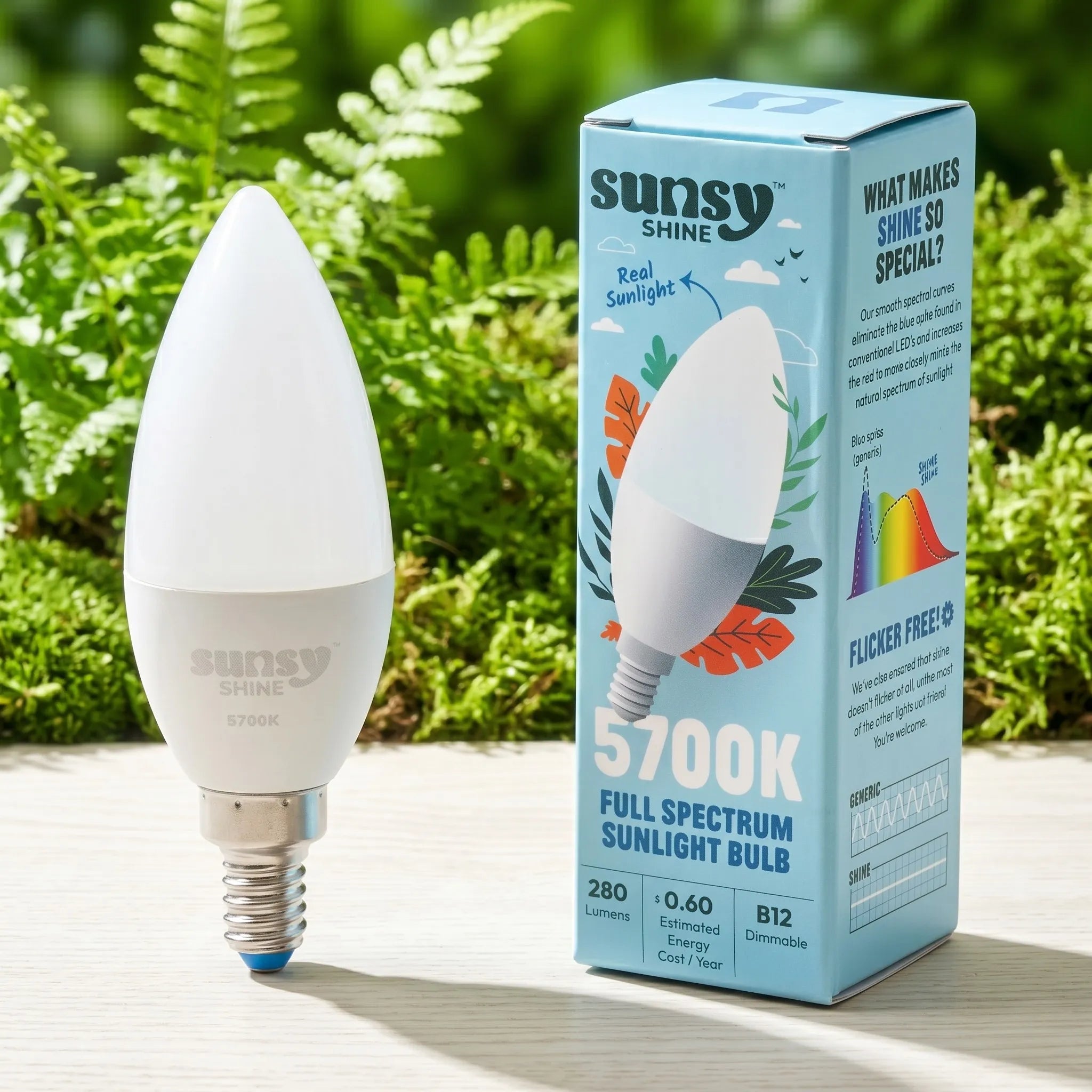 Sunny Shine full spectrum sunlight bulb and packaging on a natural background