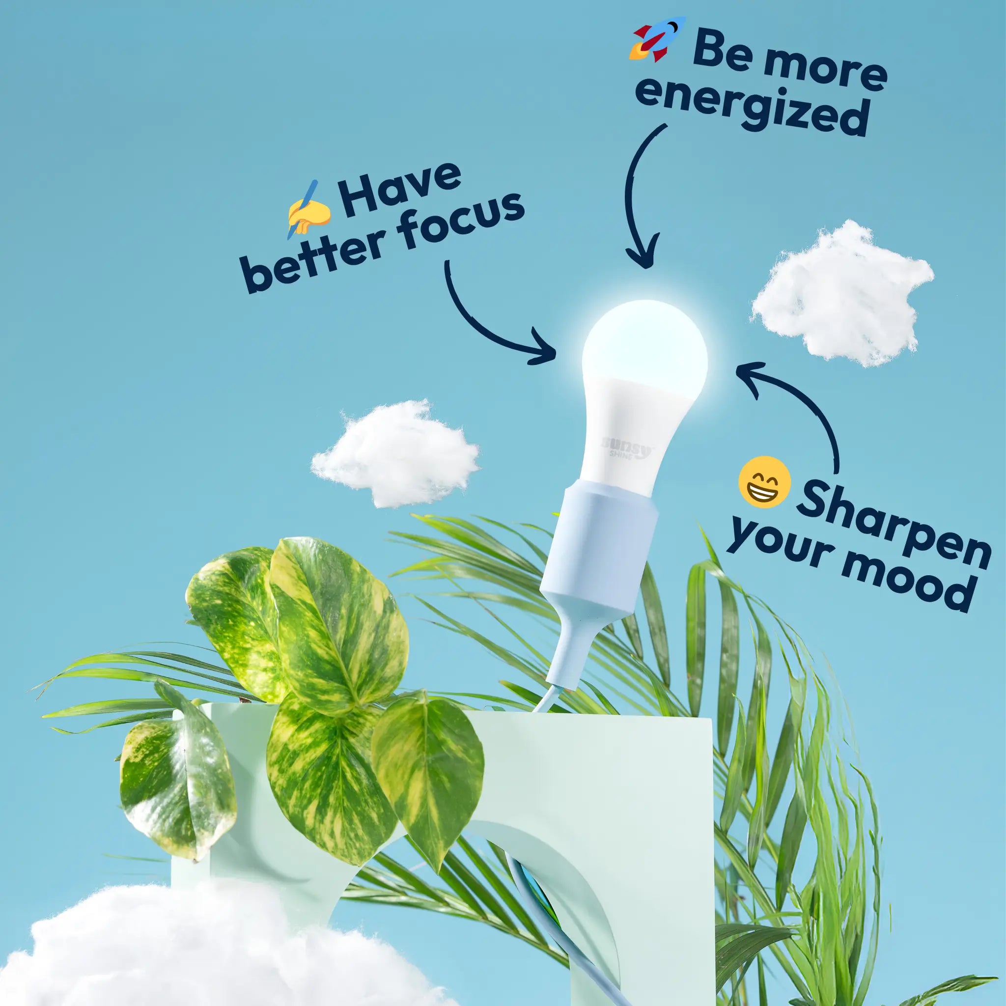 5700k bulb lit up in silicon light socket hovering over blue arch way and white cotton clouds and plants with benefits written out next to it