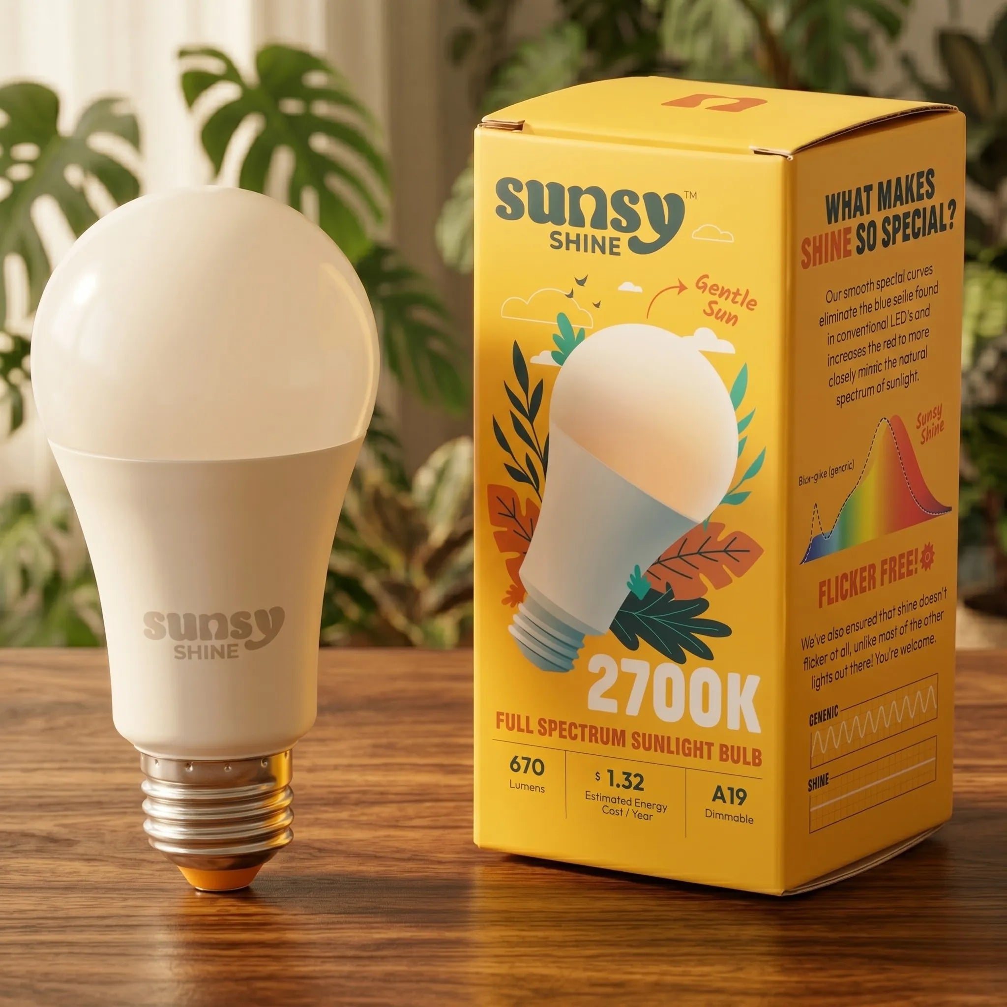 Sunsy LED bulb and packaging on a wooden surface with plants in the background#color-temperature_2700k