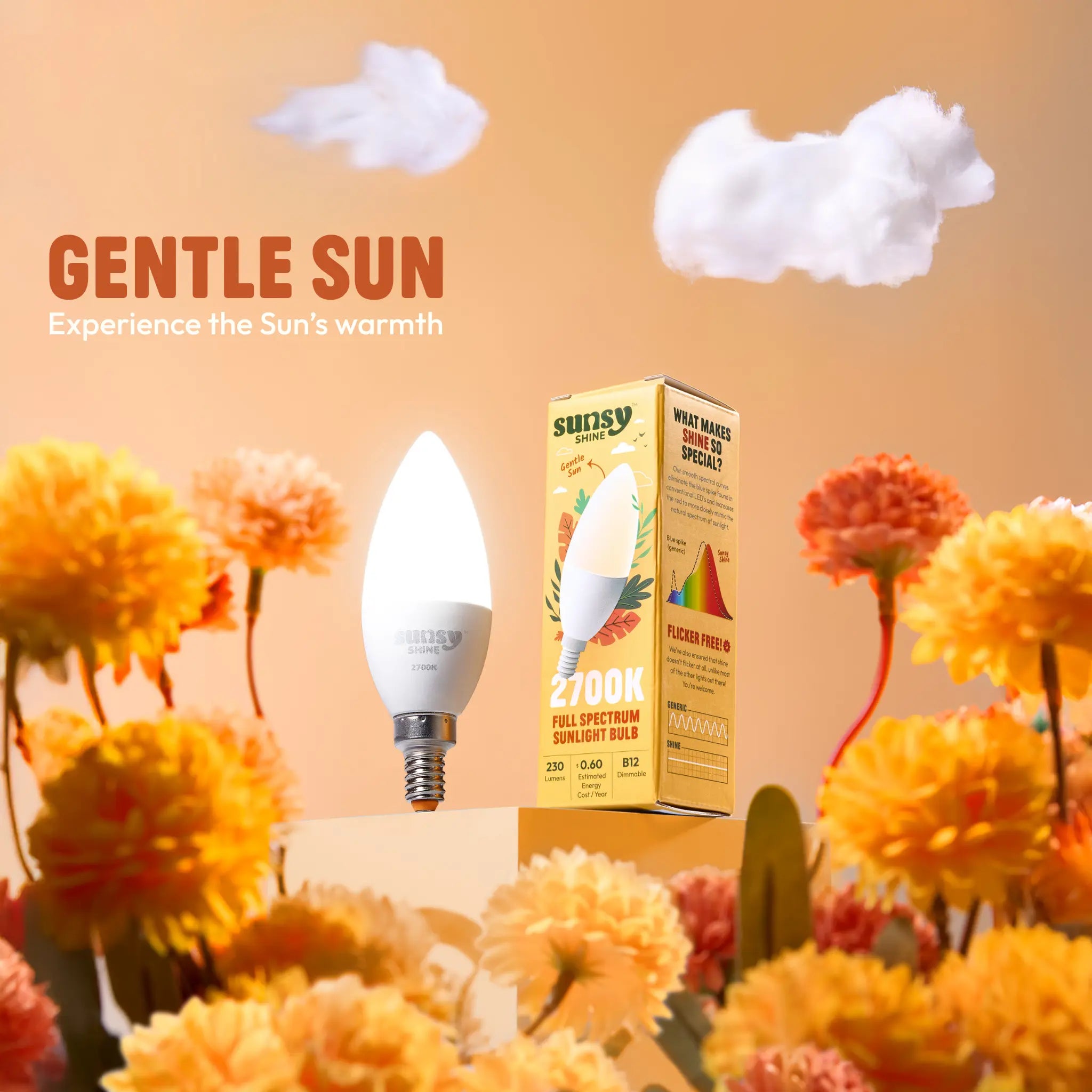 Sunflower bulb and packaging with 'Gentle Sun' text against a floral background#color-temperature_2700k