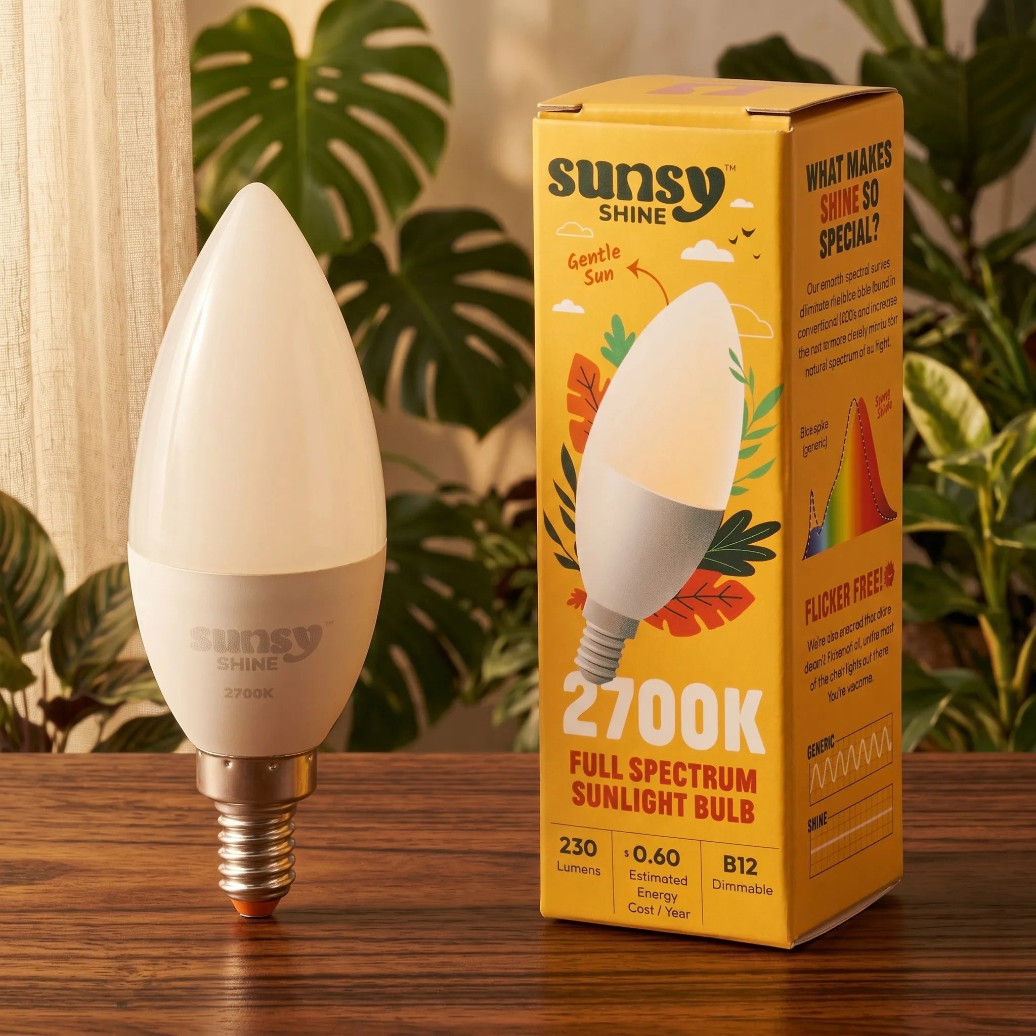 Sunny Shine light bulb and packaging on a wooden surface with plants in the background#color-temperature_2700k