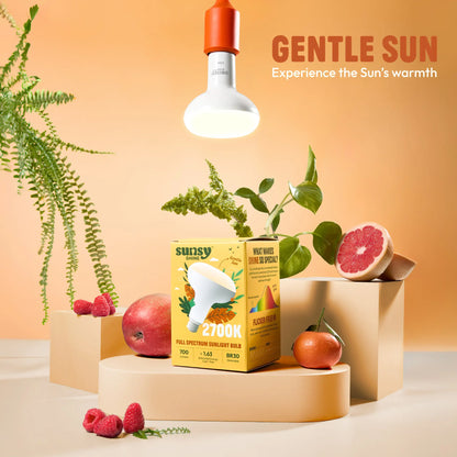 Gentle Sun product with light bulb and fruits on a beige surface