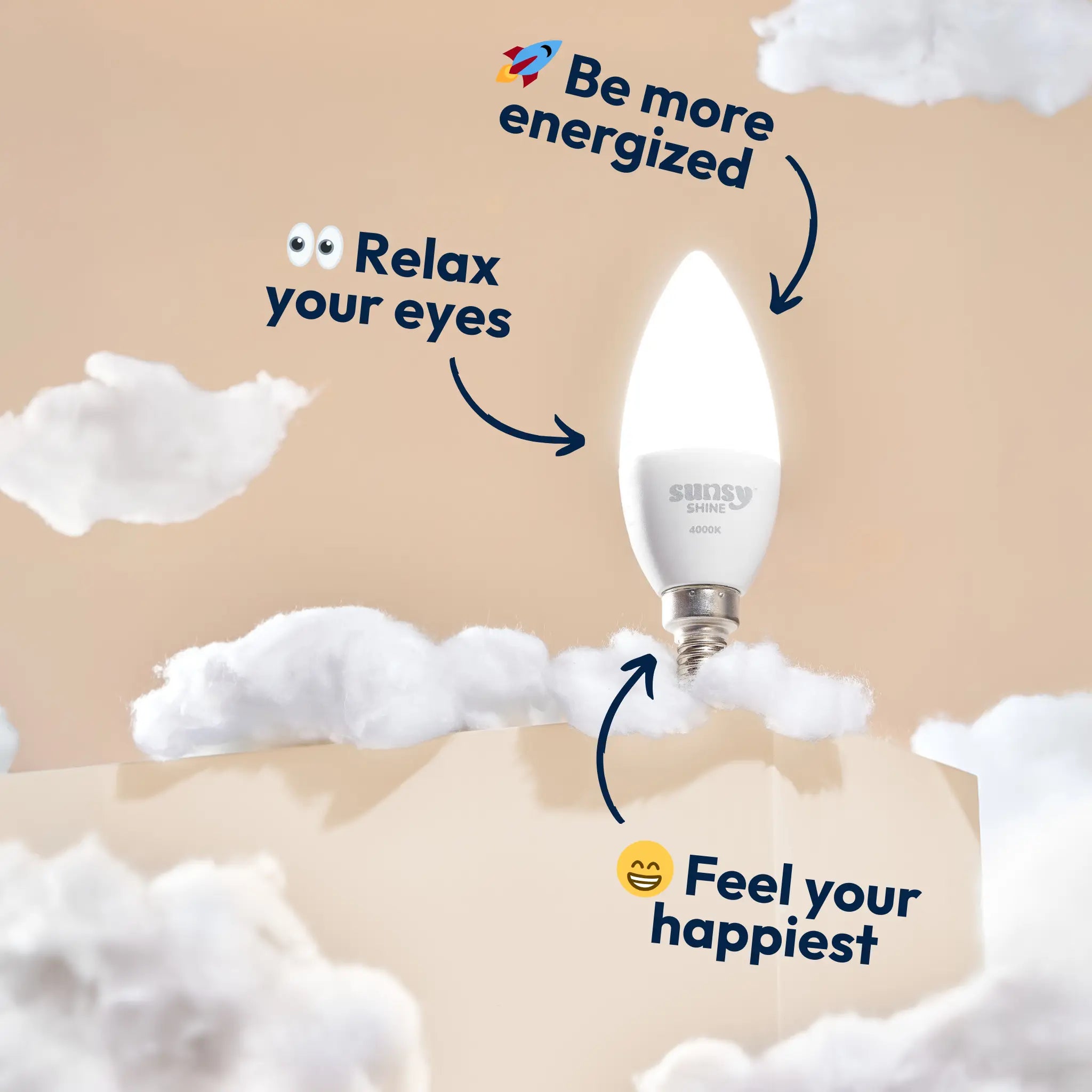 sunsy LED light bulb with cloud illustrations and motivational text on a beige background