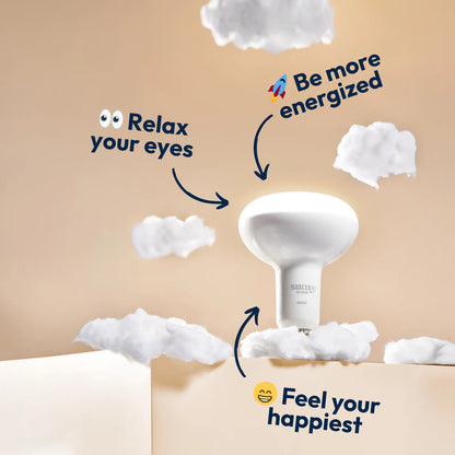 White electronic device on a beige background with text about relaxation, energy, and happiness