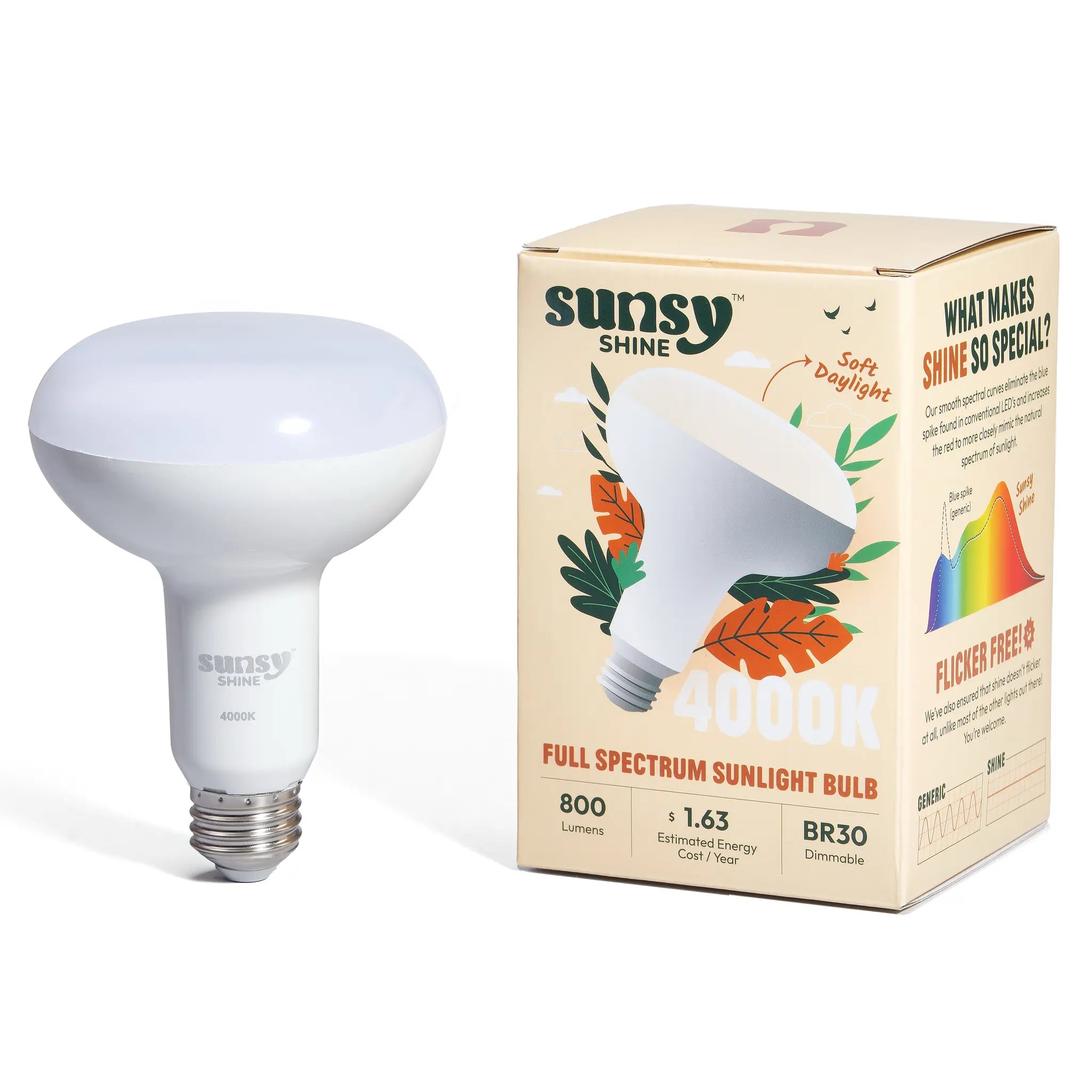 4000k br30 sitting upright next to its box on a white background