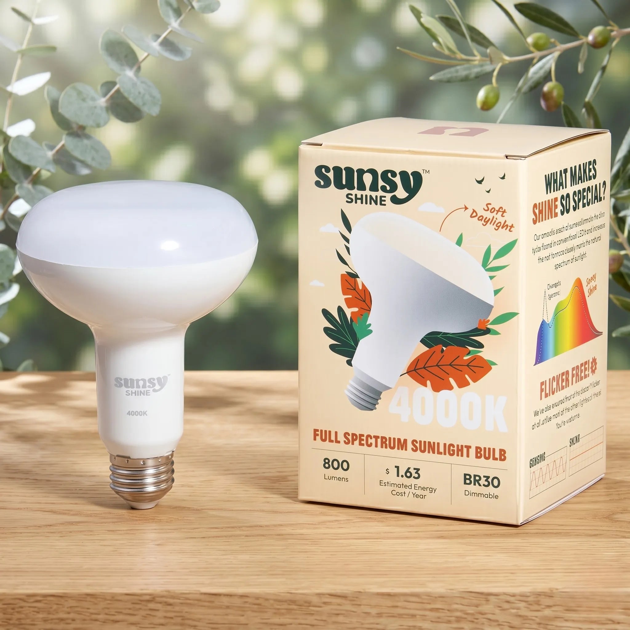 Sunsy Shine full spectrum sunlight bulb and packaging on a wooden surface with a natural background