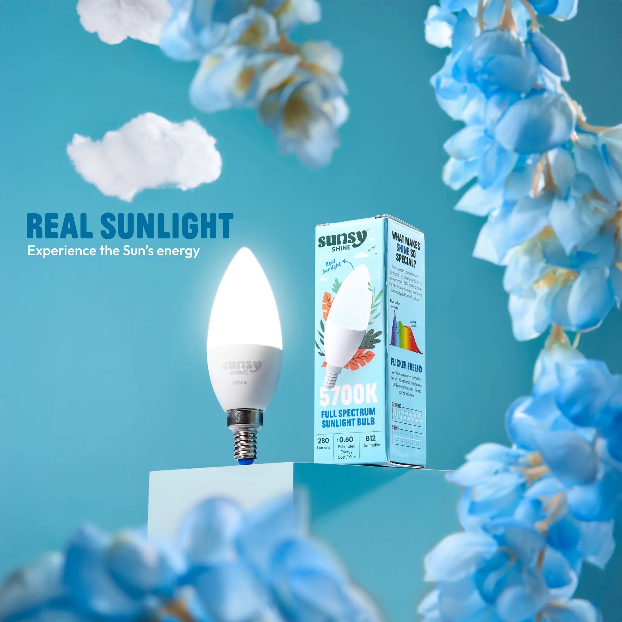 Sunlight bulb and packaging with flowers and sky in the background