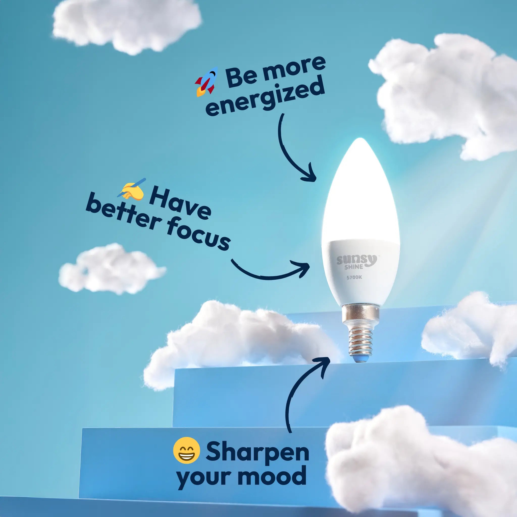 sunsy brand light bulb with motivational text on a blue background with clouds