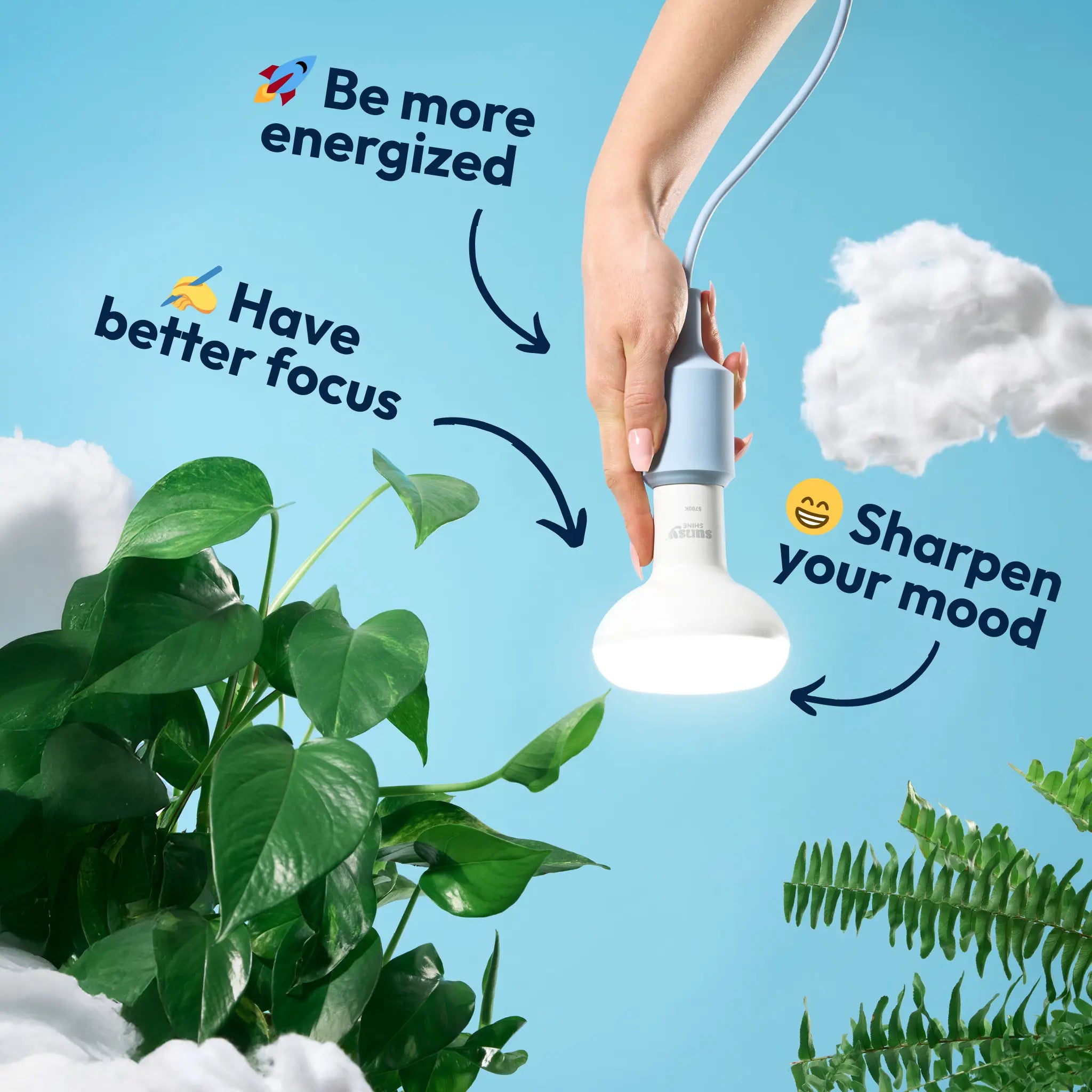 Hand holding a light bulb with text about energy, focus, and mood on a blue background with plants