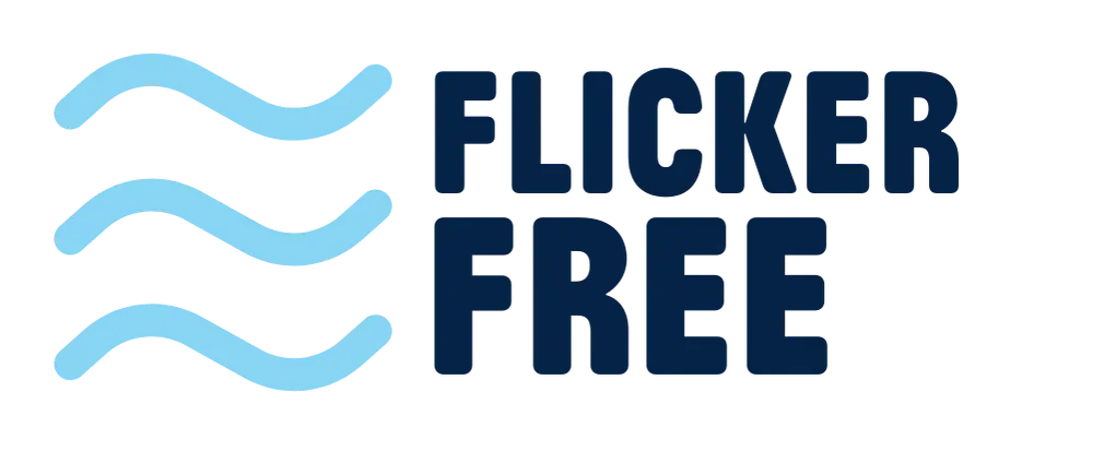 Flicker Free logo with blue wavy lines and dark blue text on a white background